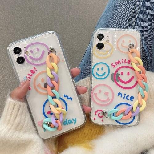 Shockproof Wrist Chain Clear Phone Case for iPhone 12Pro Max 7 8 Plus XR X Cute Smile Colorful Chain Hanging Case for iPhone 11