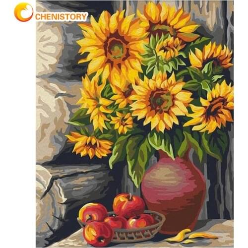 CHENISTORY Frame DIY Oil Painting By Numbers Kits Sunset Flowers Set Picture By Numbers Modern Wall Art Canvas Painting For Home