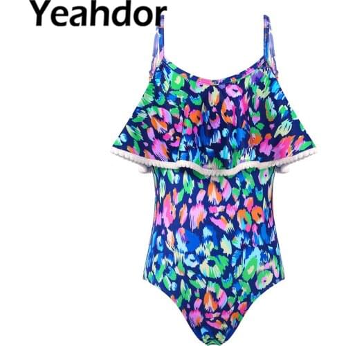 Summer Kids Children Girls Swimwear Swimming Bodysuit Adjustable Straps Ruffle Trim Print Beach Pool Swimming Bathing Suit