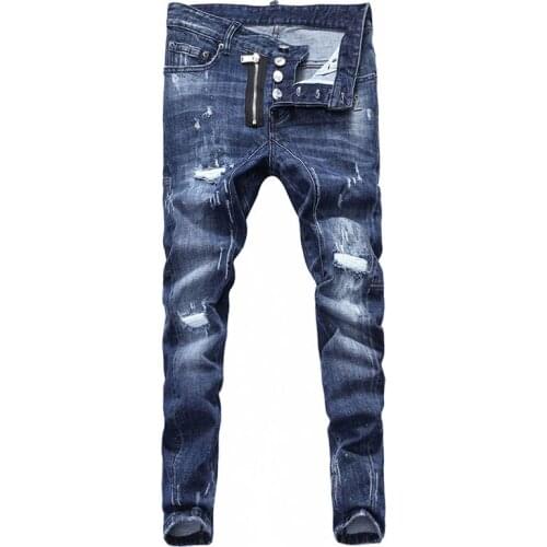 European Street Fashion Men Jeans Retro Dark Blue Slim Fit Ripped Jeans Men Spliced Designer Painted Hip Hop Denim Punk Pants