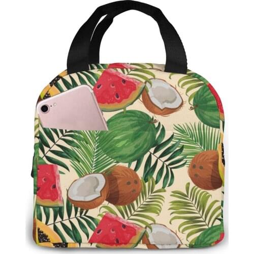 Colorful Tropical Fruit Cooler Bag Portable Zipper Thermal Lunch Bag Convenient Lunch Box Tote Food Bag