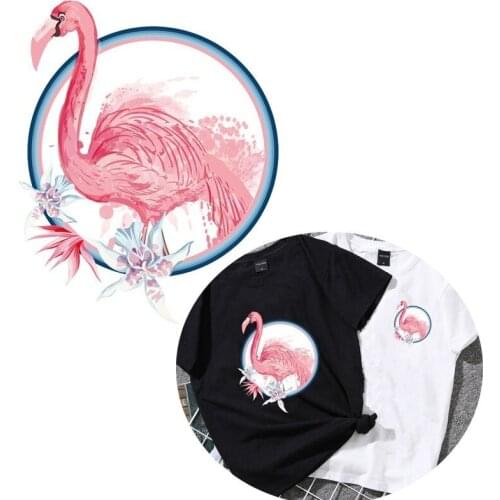 Round Flower Flamingo Hot Press Transfer Flower Birds Iron-on Patches Romantic Pink Heat Transfers For Woman Dress DIY Appliques