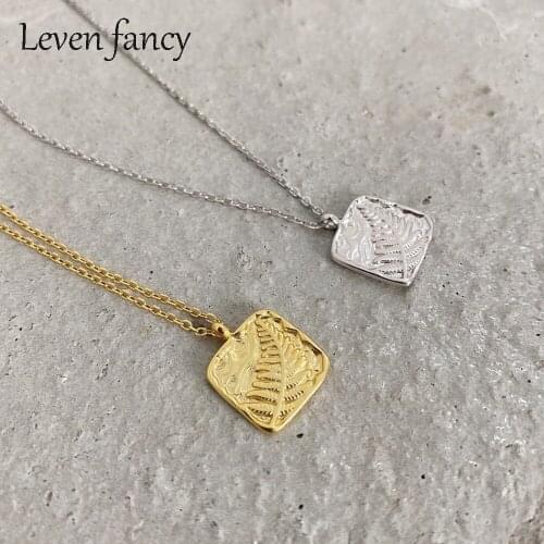 LEVEN FANCY 925 Sterling Silver Tree Leaf Necklaces & Pendants Women Jewelry Square Medal Collares Bijoux Golden Color