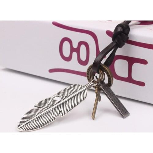 Vintage men leather rope necklace long feather male leather cord necklace male pendant necklace male Jewelry accessories XL1069