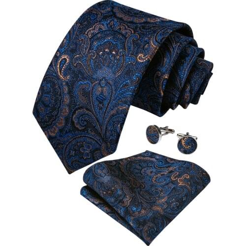 Mens Necktie Blue Gold Paisley Silk Wedding Tie For Men Handkerchief Cufflinks Set Business Party DiBanGu New Designer MJ-7108