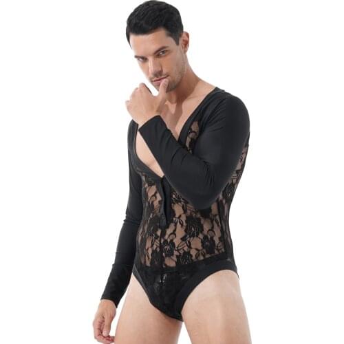 Men Skinny Deep V Neck Sexy Bodysuit Floral Lace Patchwork Sheer Jumpsuit See-through Cutout Catsuit Teddies Lingerie Costume
