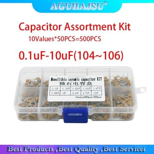 500PCS/lot Multilayer Ceramic Capacitor Assortment Kit 10Values*50PCS 0.1uF-10uF(104~106) 50V Ceramic Capacitors Set pack