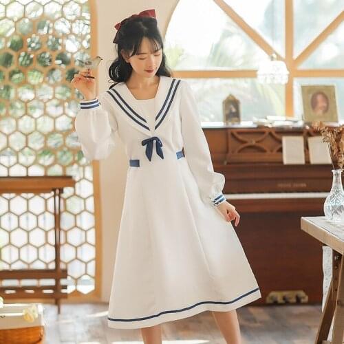 Autumn Navy Collar College Style Dress Bowknot Cute Long Sleeve White Dress Japanese Kawaii Cute Vestido de mujer