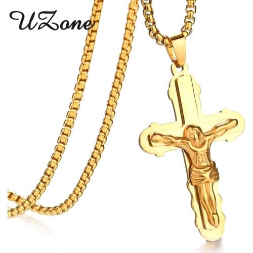 UZone Punk Jesus Crucifix Cross NeckLace Stainless Steel Pendant Neckelaces with Chain For Men Women Christmas Amulet Gifts