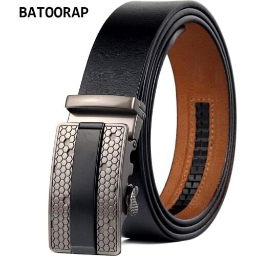 BATOORAP Black Leather Belt Men Fashion Click Buckle Metal Luxury Brand Trouser Strap Male Western Ratchet Belt Dress 43"-51"