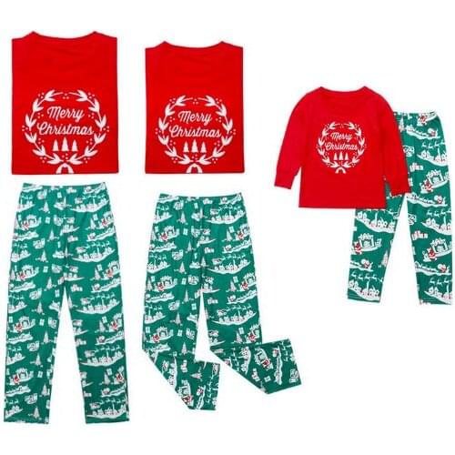 Family Pajamas Christmas Parent-child Suit Cotton Casual Round Neck Long-sleeved Red Shirt Printed Pants
