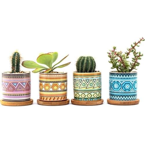 Succulent Flower Pots, Ceramic Succulents Planter Pot with Bamboo Saucers, Geometric Patterns Cactus Plant Pot, Set of 4