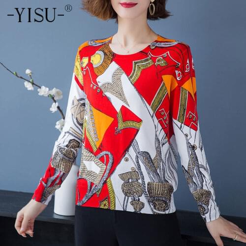 YISU Sweater Winter O-Neck Female Winter tops Stitching color Thin Jumper Casual Printing Plus size Women Knitted Pullover
