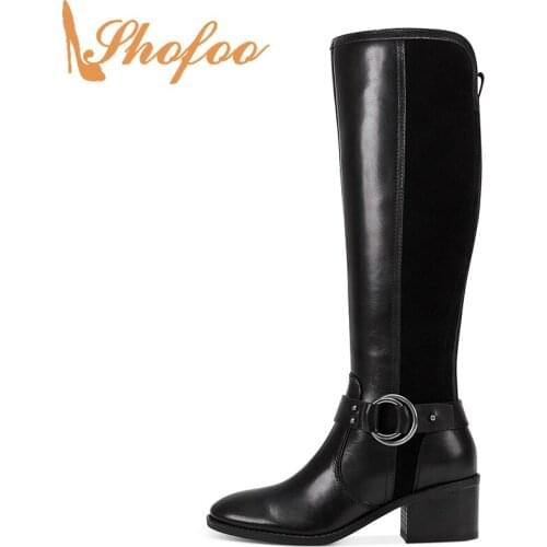 Black Knee Long Boots Patchwork High Chunky Heels Women Round Toe Zipper Large Size 14 16 For Ladies Fashion Winter Shoes Shofoo