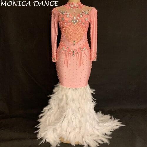 Woman Sexy Sparkly Rhinestones Ostrich feather dresses Singer costume Sexy Evening Party Birthday Clothing Auto Show Dance Dress
