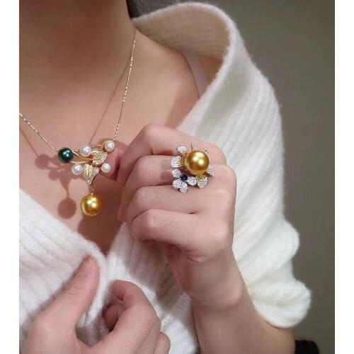 D123 Fine Jewelry Pure 925 Sterling Silver Natural Golden Pearls 12-10mm Females Jewelry Sets for Women FIne Jewelry Sets