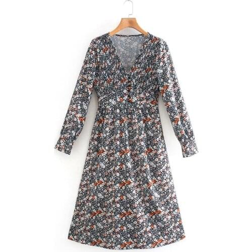 Ladies V-neck Printed Dress Temperament Mid-length Dress Long Sleeve Elegant Cocktail Dress