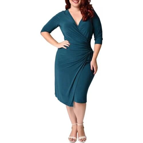 2021 Summer Sexy Party Dress For Fat Female Plus Size Vintage Dress 4XL 5XL Women Green Deep V Neck Draped Tight Slim Midi Dress