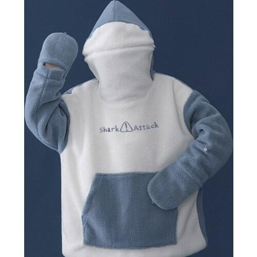 Winter Oversized Cute Shark Women Hoodies Long Sleeve Sweatshirt Hooded Pullover Men Tops Pocket Plush Hoody Thick Warm Coat