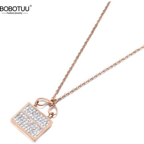 BOBOTUU Trendy CZ Crystal Shopping Bag Charm Pendant Necklace For Women Titanium Stainless Steel Choker Necklace Jewelry BN19141