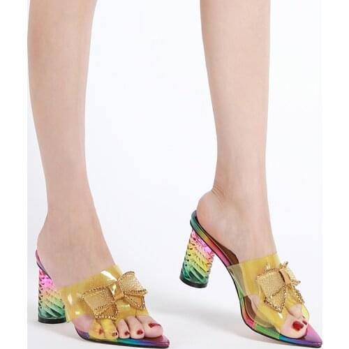 Blue Yellow Italian Slippers Fashion Show Women Shoes Chic Elegant Stylish Italy High Heels Ladies Sandals for Party Wedding