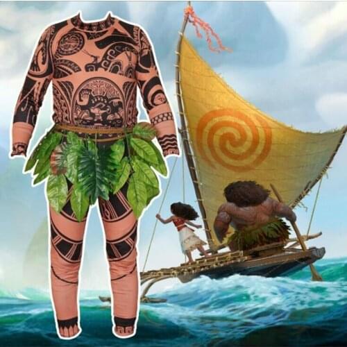 Moana Maui Tattoo T-Shirt/Pants Halloween Adult Men Cosplay Costume with Leaf Decoration Blattern Halloween Adult Cosplay