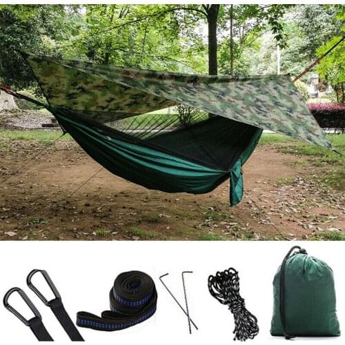 1-2 Person Portable Outdoor Camping Hammock with Awning Mosquito Net High Strength Parachute Fabric Hanging Bed Hunting Swing