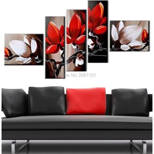 Hand Painted oil Paintings On Canvas red flowers Wall Art 5 Piece Canvas pictue Abstract Art Modern decorative Picture Set