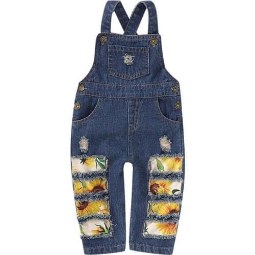 Summer Kids Overalls Baby Girl Sunflower Print Strap Jeans Hole Denim Pants