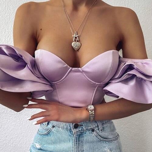Summer crop tops 2021 Womens Ns Sexy Pleated Lotus Leaf Sleeves One Word Shoulder Umbilical Cord Top Female