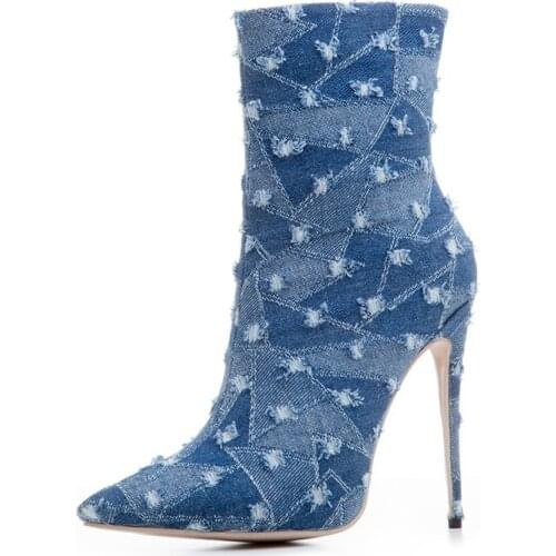 Fashion Woman Spring Winter Denim Short Boots Pointed Toe Side Zipper Thin High Heel Female Warm Ankle Boots