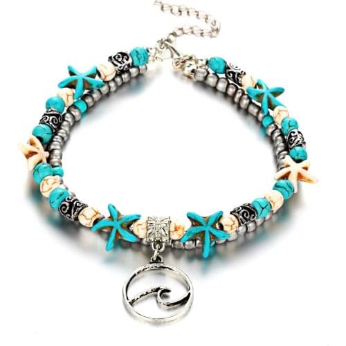 Double Chain Anklets Hollow Waves Ankle Charms Bracelets Blue Beads Stone Starfish Leg Barefoot Sandals Foot Jewelry For Women