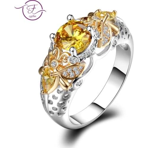 Bee Design Prong Setting Finger Rings For Women Men 925 Silver Jewelry Party Wedding Citrine Ring Size 6-10 Wholesale Gifts