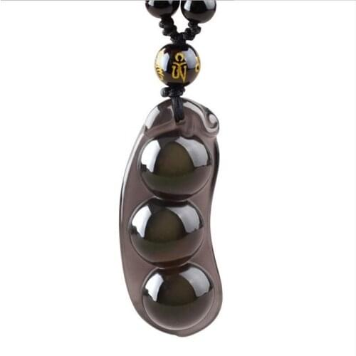 Wholesale Ice Black Natural Obsidian Stone Pendant Four Seasons Bean Pendant Lucky For Women Men Sweater Chain Necklace Jewelry