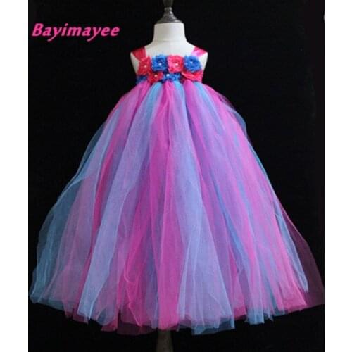 Multicolor Girls Pearl Flowers Crochet Tutu Dress Kids Handmade Fluffy Tulle Tutus with Ribbon Bow Children Cheap Party Dresses