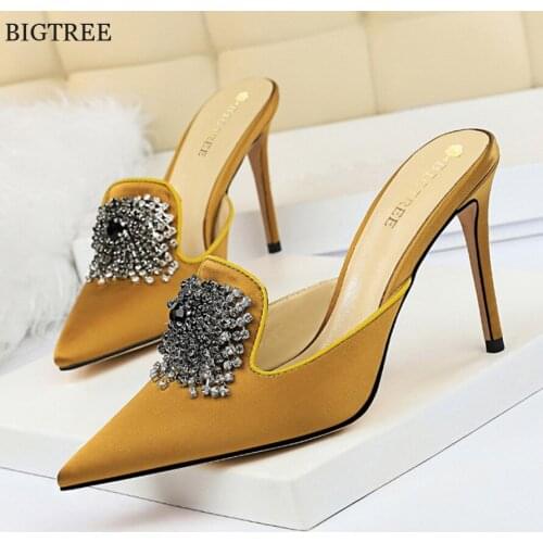 BIGTREE Female Slippers Summer Thin High Heels Silk Baotou Women Shoes Sexy Rhinestone Buckle Pointed Toe Flip Flops Party Woman