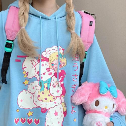 Harajuku Japanese Streetwear Cute Cartoon Rabbit College JK Pullover Sweatshirt Kawaii Sweet Girls Fun Casual Vintage Loose Tops