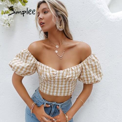 Simplee Daisy print yellow plaid women T-shirt summer Puff sleeves square neck slim smocking top lady Holiday sexy tops fashion