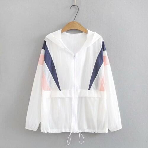 Plus size zipper jackets women 2021 white pink patchwork hooded summer thin Women coat Sun protection clothing