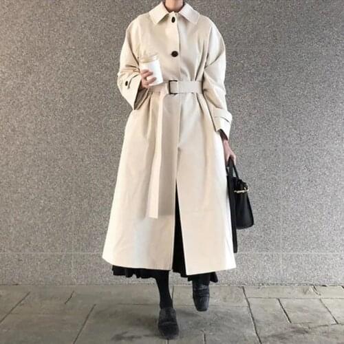 Korean Spring Autumn Khaki Black Womens Mid-length Trench Coat Plus Sashes Lapel Long Sleeve Single Breasted Casual Windbreaker