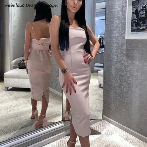 2021 Tea length Bridesmaid Dresses Mermaid Spaghetti Strap Boat Neck Bowknot Vestidos Satin Wedding Party Dress For Women