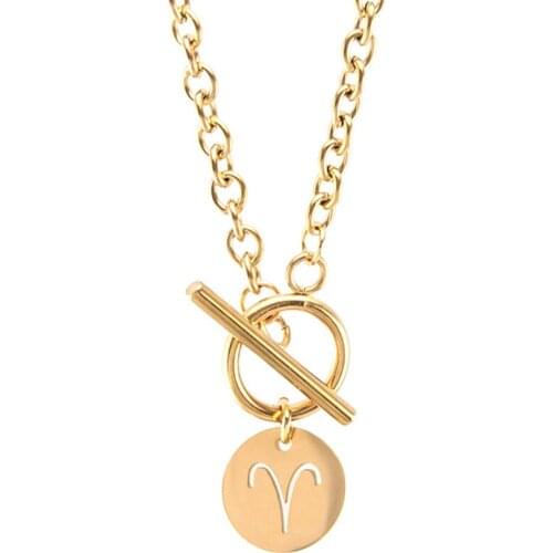 Women Zodiac charm Choker Necklace 4mm cable Chain Toggle Clasp Stainless Steel Female Constellations 12 Signs jewelry Gifts