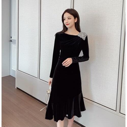 New Autumn Winter Black Velvet Slash Neck Beaded Dresses Long Sleeve Elegant Mermaid Patchwork Office Party Dress Vestido