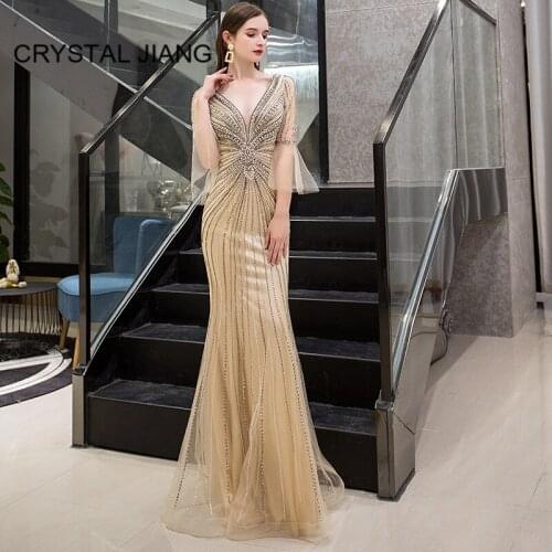 Luxury Formal Dress Gold V-neck Sexy Evening Dresses 2020 Diamond Beading Half Sleeves Mermaid Evening Gowns