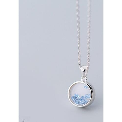 10mm 100% real Sterling Silver 925 Fine Jewelry Blue quicksands into the crystal Round Geometric Necklace Pendant C-D4933