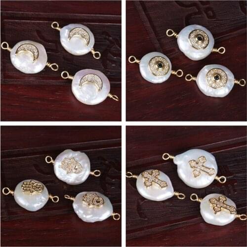 3 pcs white CZ paved evil eye star heart cross hamsa flower key charms freshwater pearl beads connector for jewelry DIY 2020