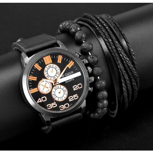 2021 Fashion Men Watch Bracelet 3Pcs Set Leather Quartz Analog Watches Business Wirstwatch Woven Bracelets Suit Gift for Husband
