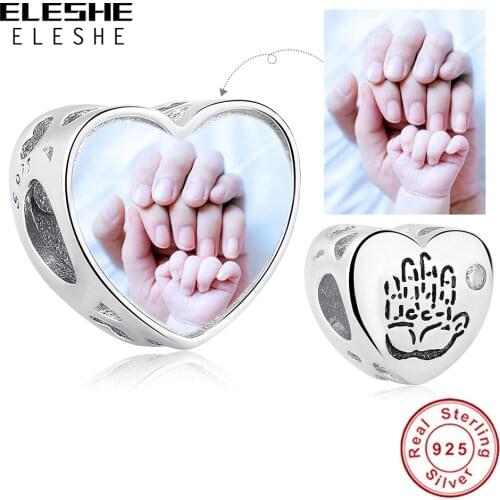 ELESHE DIY Custom Photo Heart Charm Fit Original Bracelet Authentic 925 Sterling Silver Baby Hand Fine Bead Jewelry Making