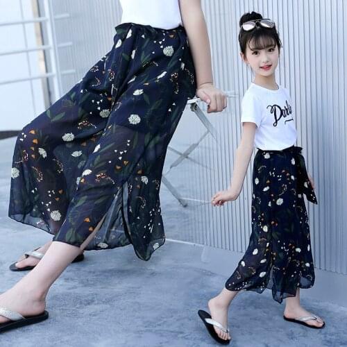 Summer Girls Pants New Kids Printed Chiffon Wide Leg Pants Loose Casual Child Nine Pants Skirt Pants Wide Leg Pants