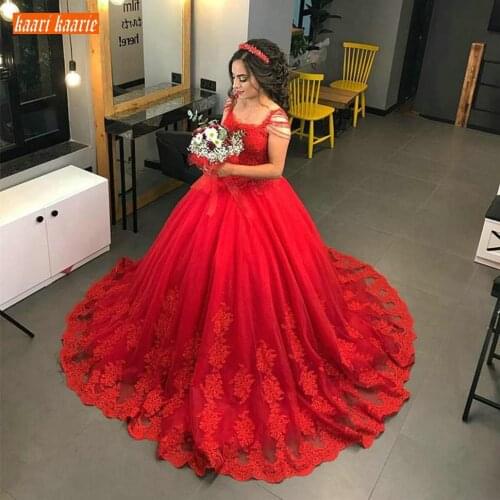 New Sumptuous Boho Red Wedding Dress Illusion Appliques Lace Beaded Puffy Bride Dresses Long Customized Tulle Beach Wedding Gown